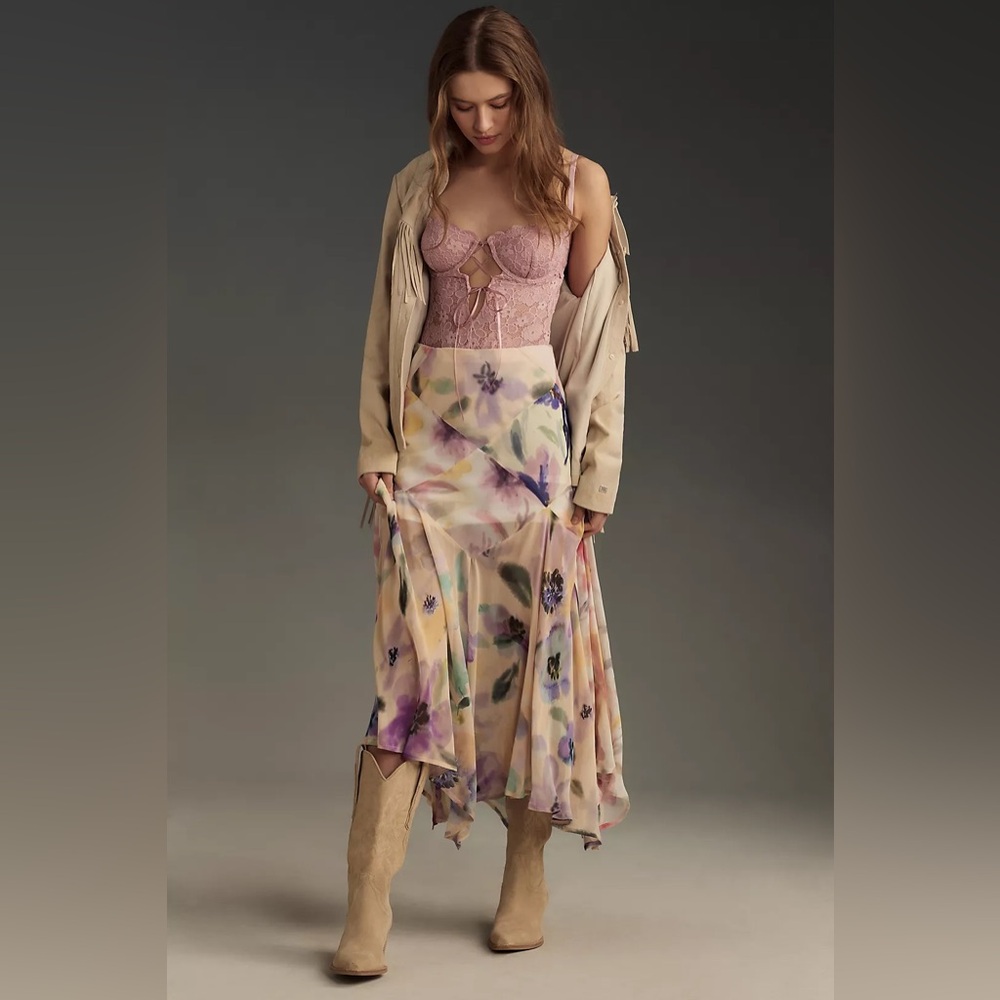 NWOT Anthropologie Asymmetric Painterly Floral Midi Skirt (Size XS)